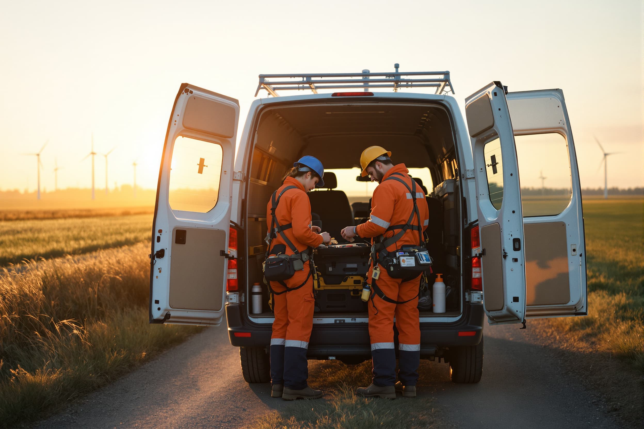 Zwei Personen in orangefarbener Arbeitskleidung mit Klettergurten sortieren im Morgenlicht Werkzeug am offenen Heck eines Servicetransporters, im Hintergrund Windraeder