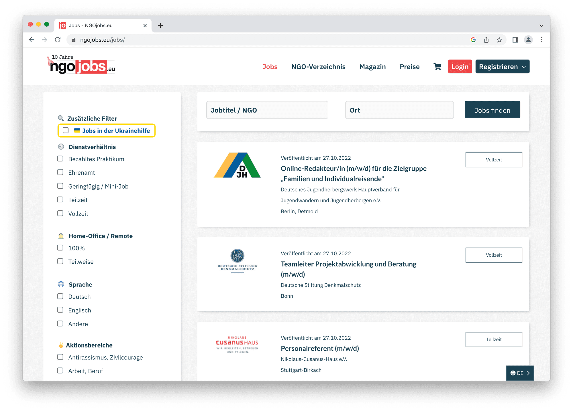 screenshot der alternativen jobbörse von ngojobs