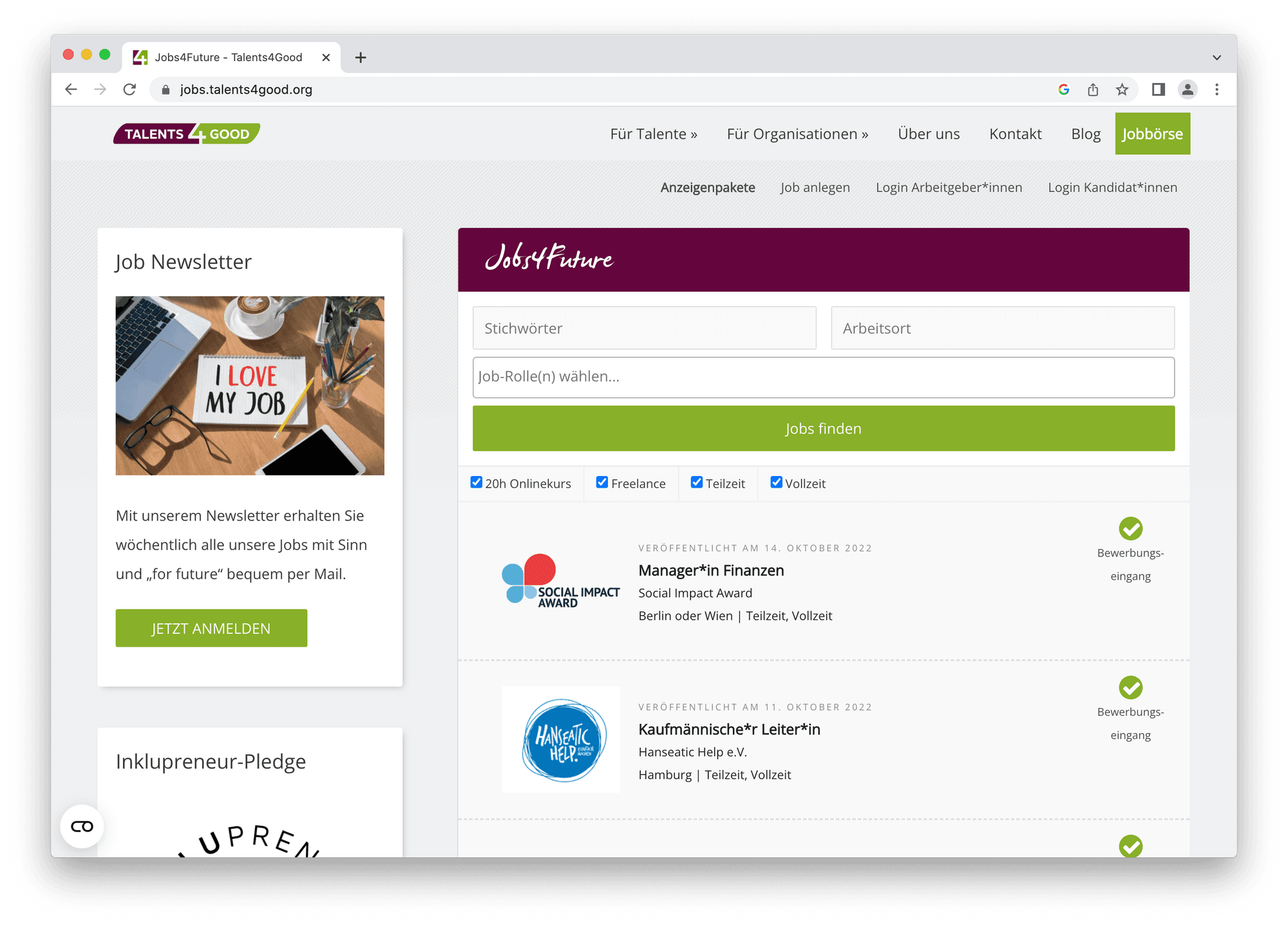 screenshot der alternativen jobbörse von talents4good