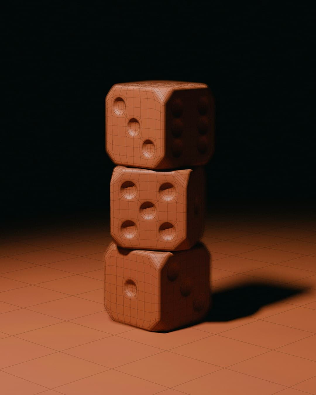 Three stacked dice on a flat surface