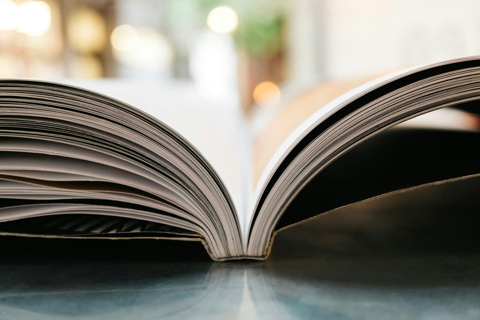 Aufgeschlagenes Buch auf einem Tisch, warmes Tageslicht im Hintergrund