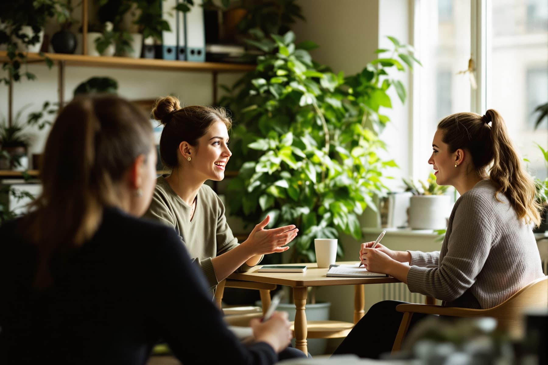 Drei Frauen sitzen an einem Holztisch in einem hellen, mit Pflanzen gefüllten Büro; eine spricht und gestikuliert, die beiden anderen hören zu und machen sich Notizen