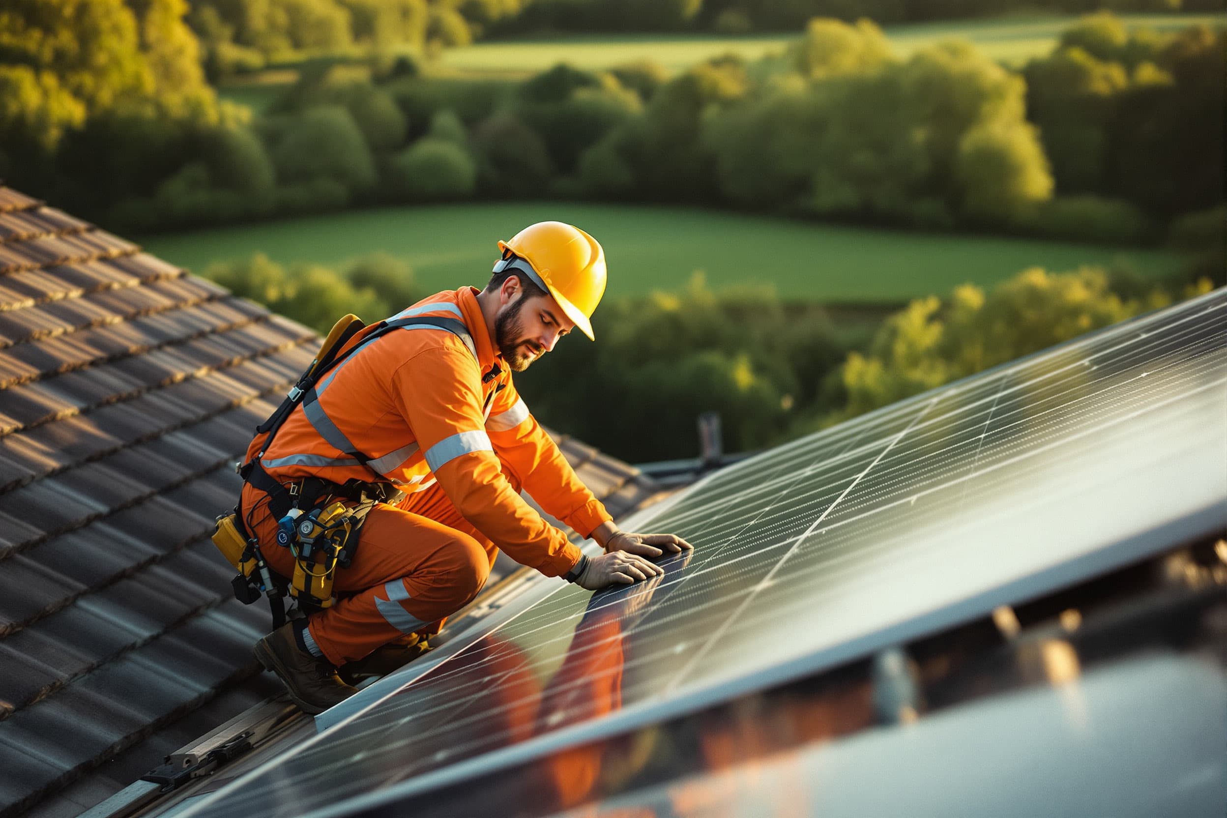 Solartechniker installiert Photovoltaikmodule auf einem Hausdach im warmen Morgenlicht
